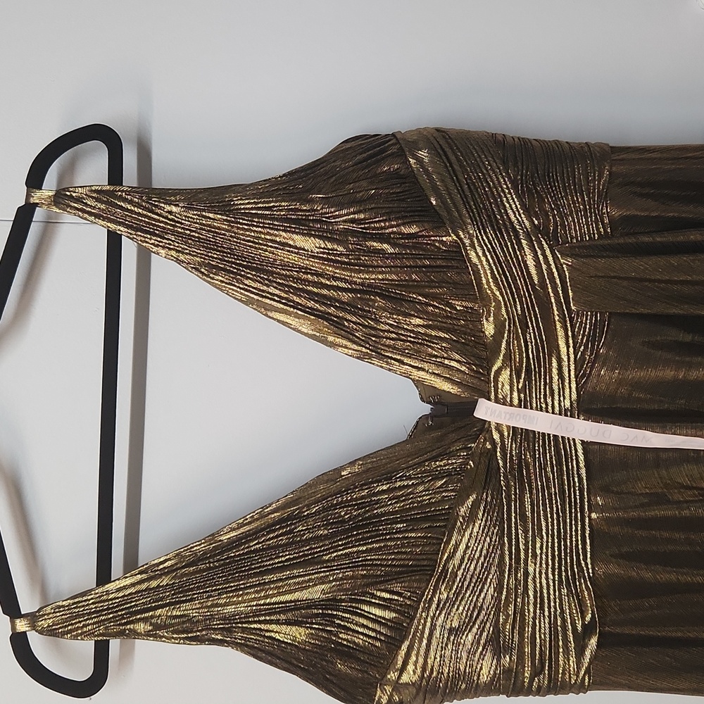 NWT IEENA MAC DUGGAL XL V-Neck Pleated Top MetallicDress Gold 30761 - Picture 6 of 11